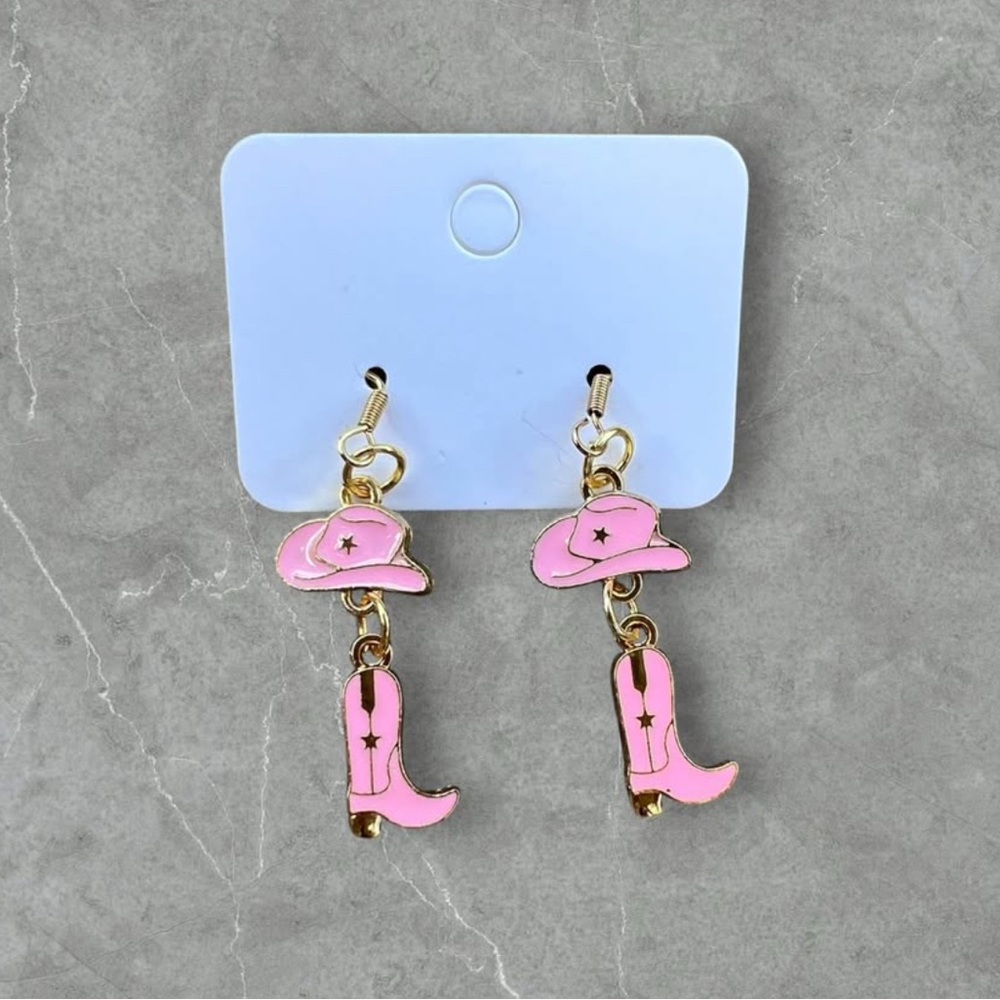 Pink Cowgirl Earrings | Western Cowboy Hat & Boot Dangle Rodeo Nashville Jewelry